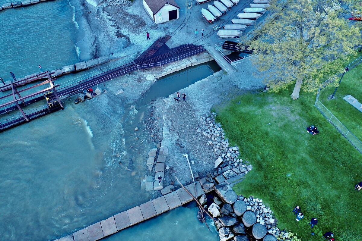 Aerial view of the Lorain breakwall and marina